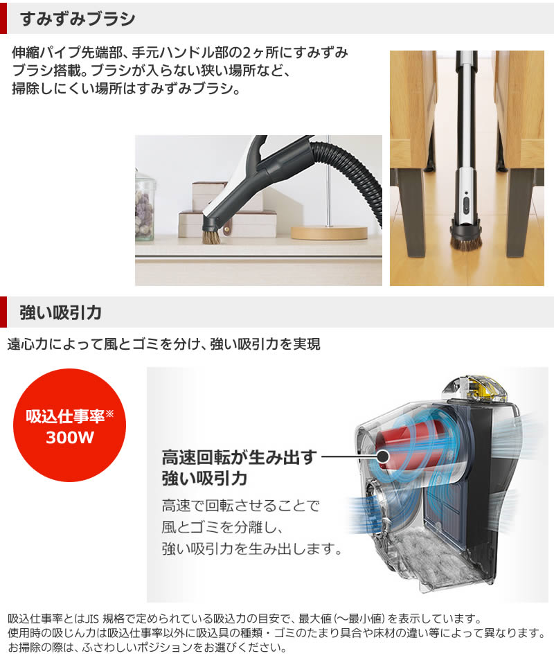 伸縮パイプ先端部、手元ハンドル部の2ヶ所にすみずみブラシ搭載