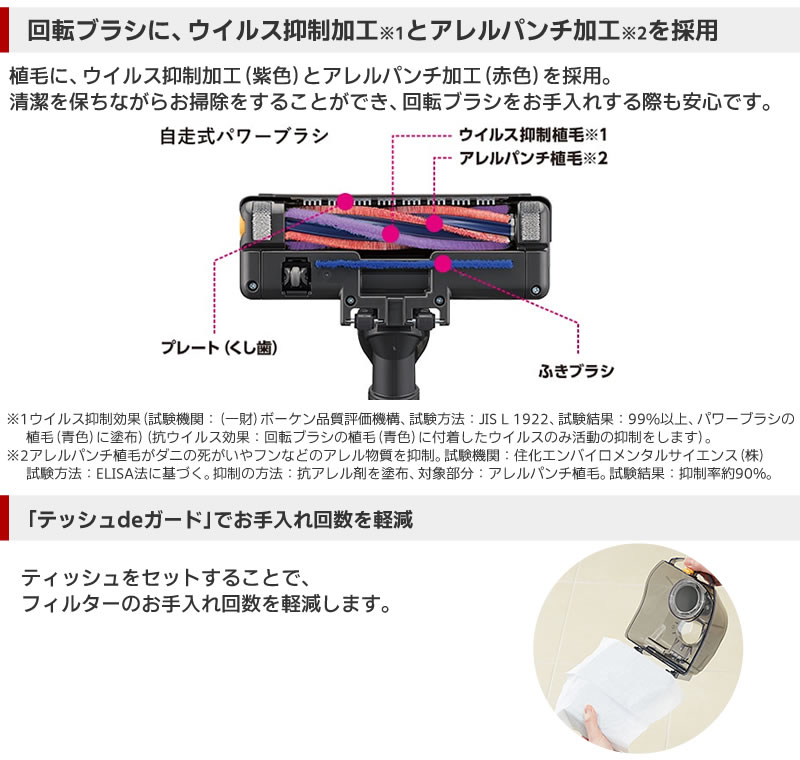 回転ブラシに、ウイルス抑制加工とアレルパンチ加工を採用