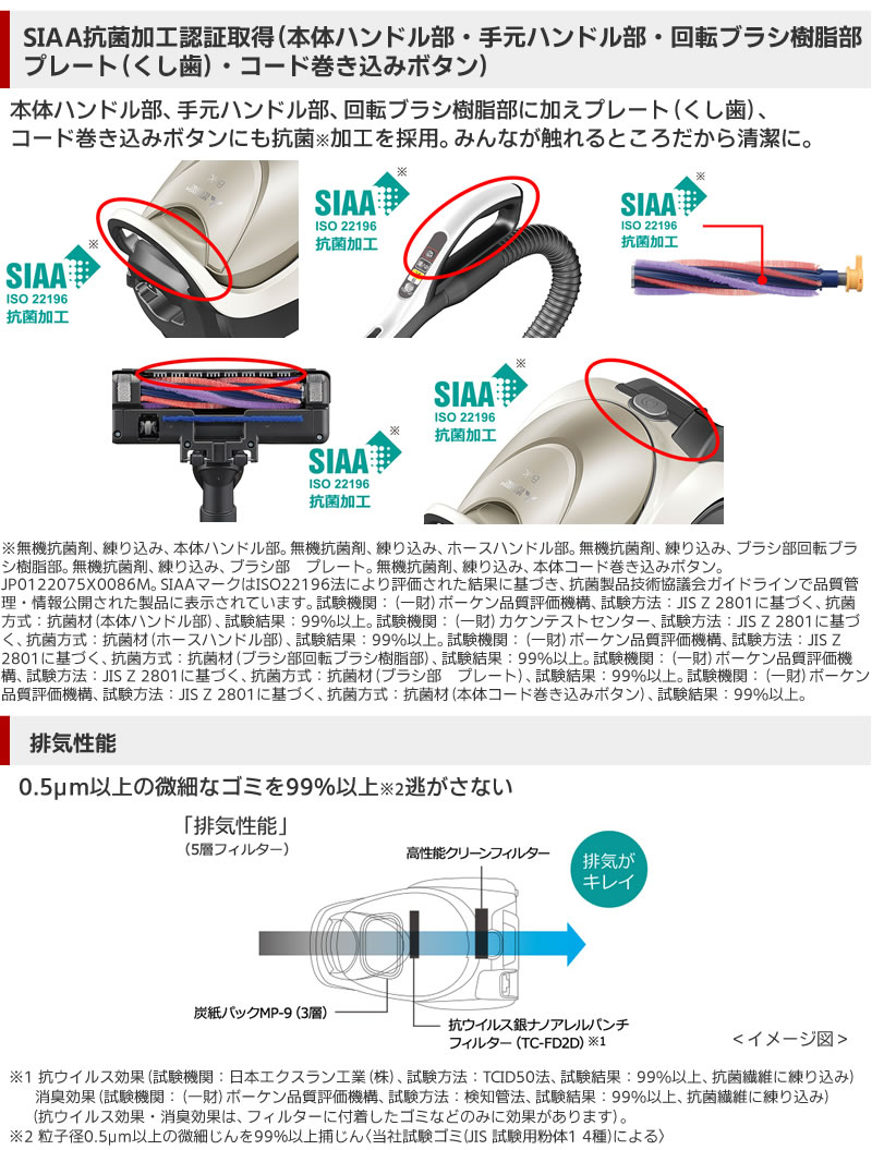 SIAA抗菌加工認証取得(本体ハンドル部・手元ハンドル部・回転ブラシ樹脂部・プレート(くし歯)・コード巻き込みボタン)