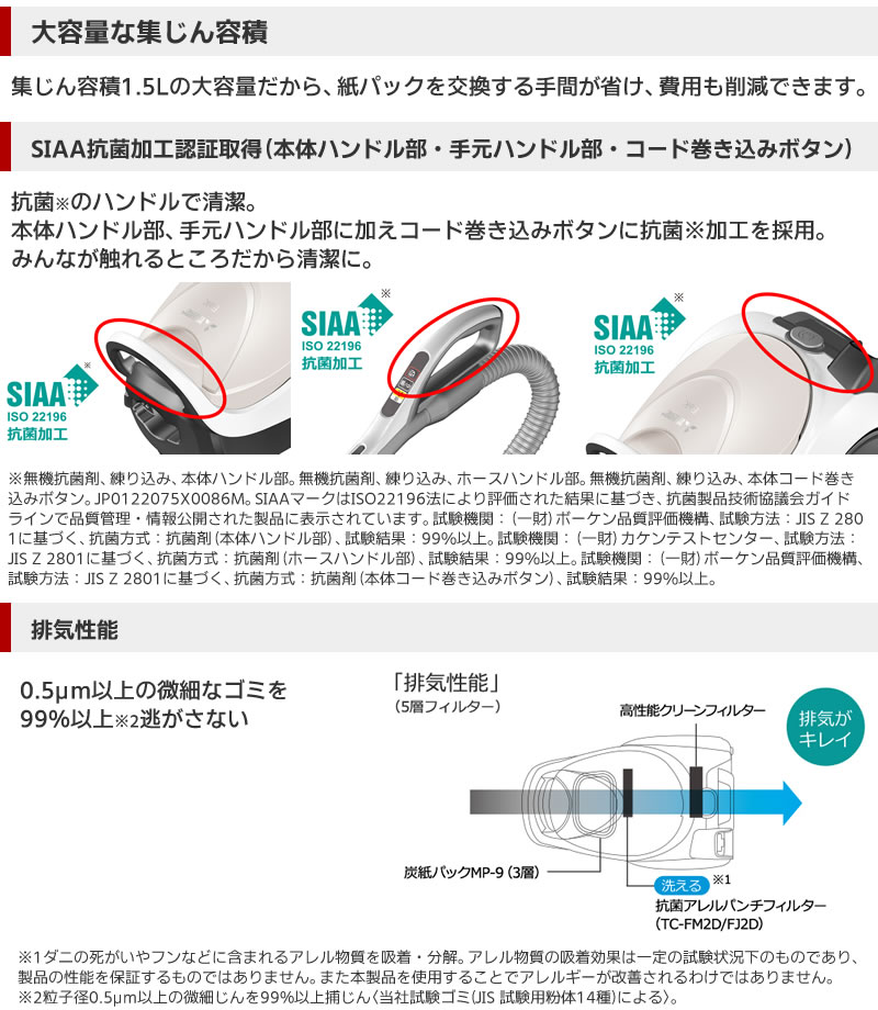 三菱電機 TC-FJ2D-C は大容量な集じん能力